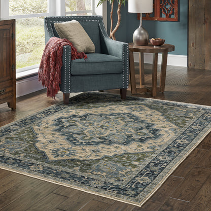 Aberdeen Medallion Blue/ Beige Oriental Cut Pile Rug