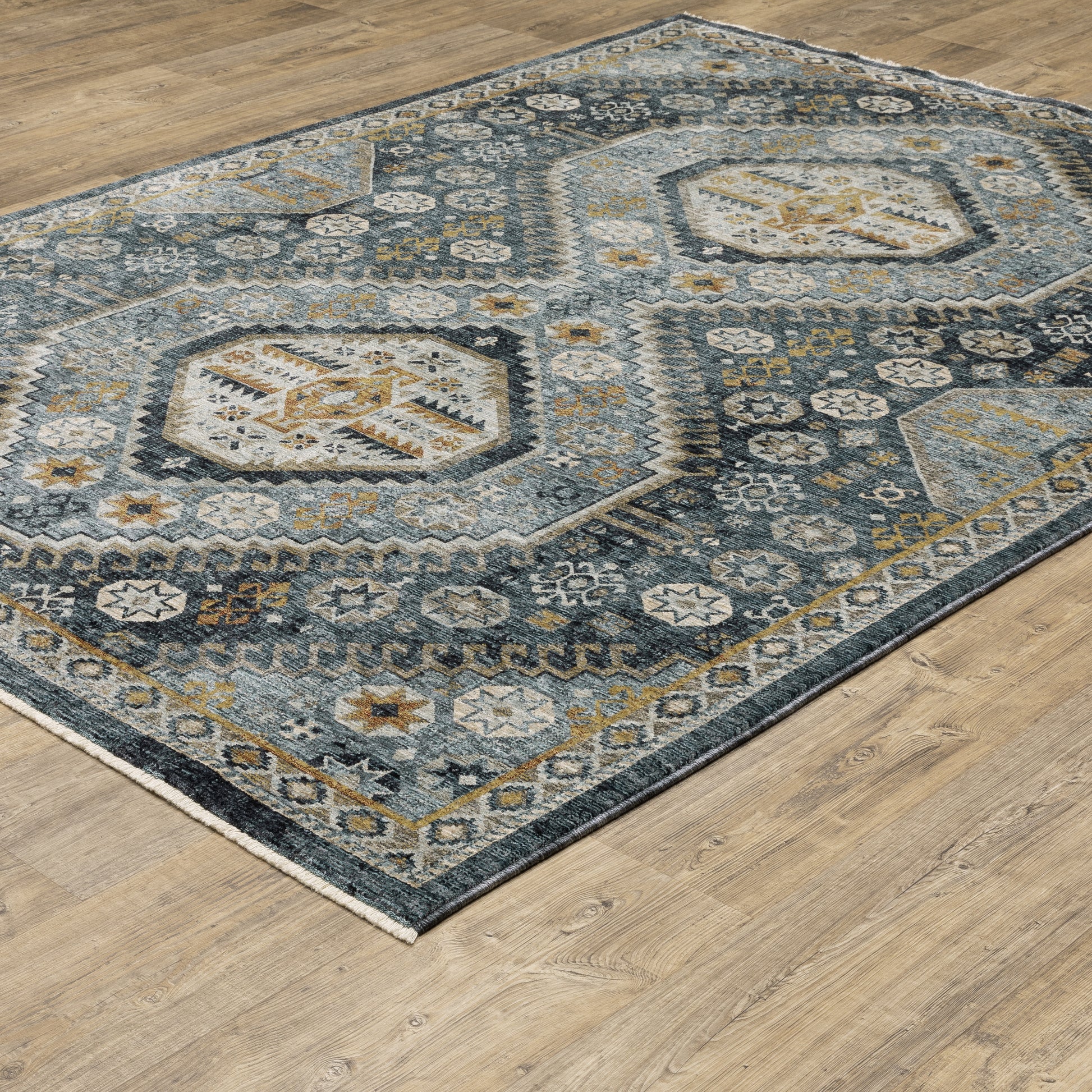 Aberdeen Medallion Blue/ Gold Oriental Cut Pile Rug