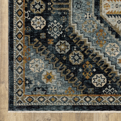 Aberdeen Medallion Blue/ Gold Oriental Cut Pile Rug