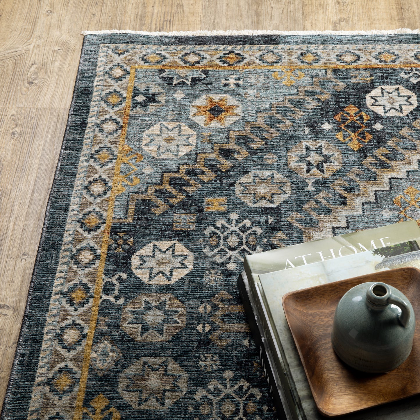 Aberdeen Medallion Blue/ Gold Oriental Cut Pile Rug