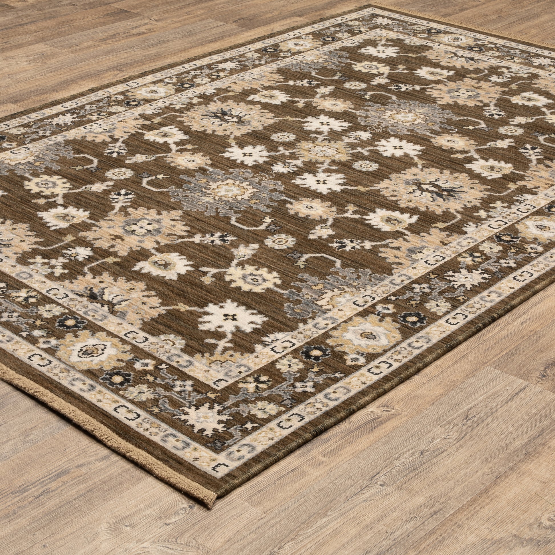Acacia Floral Brown/ Tan Oriental Cut Pile Rug