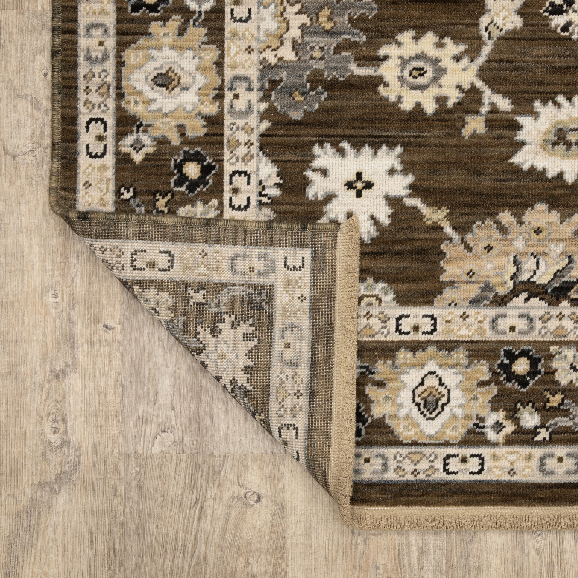 Acacia Floral Brown/ Tan Oriental Cut Pile Rug