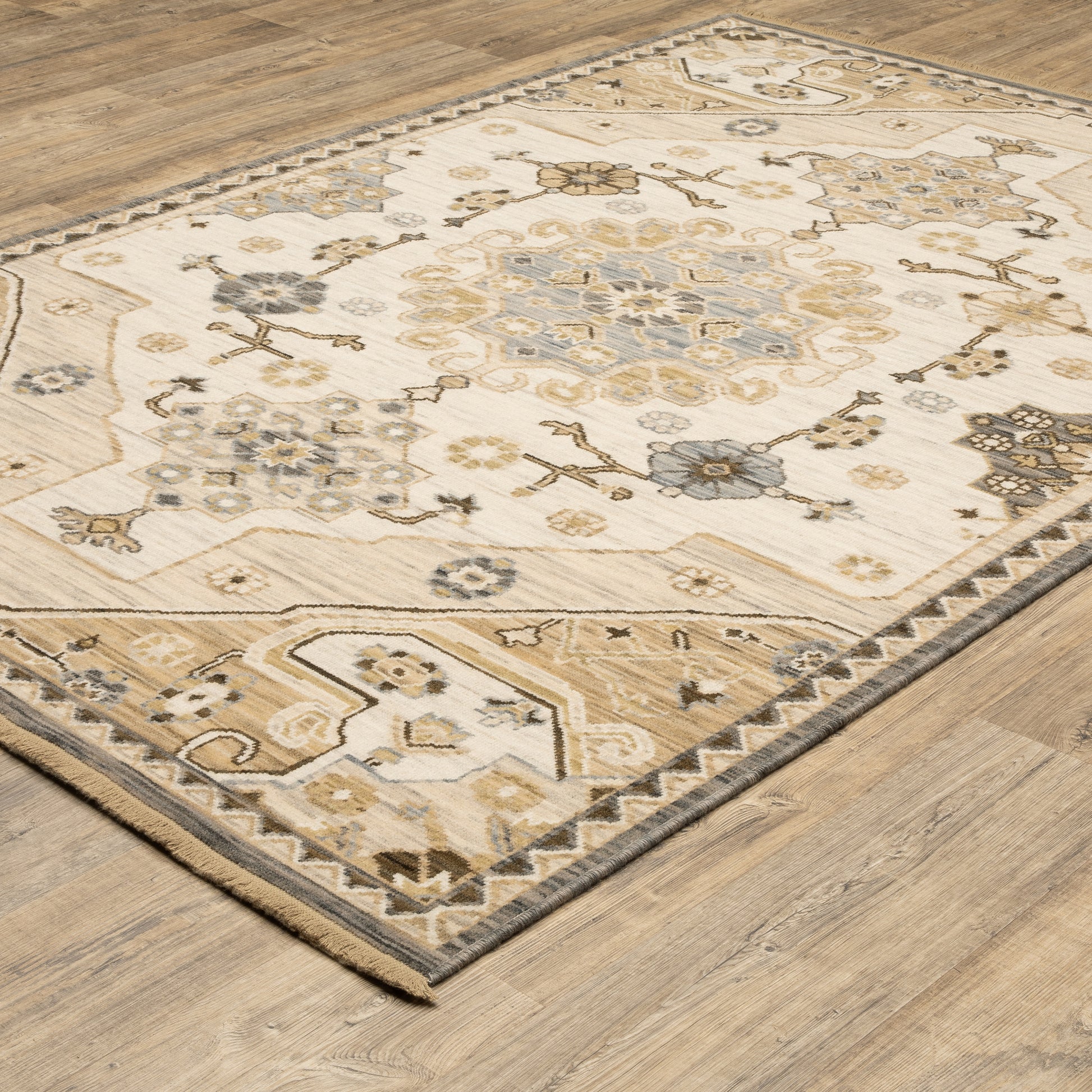 Acacia Medallion Tan/ Grey Floral Cut Pile Rug