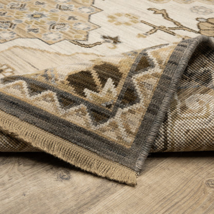 Acacia Medallion Tan/ Grey Floral Cut Pile Rug