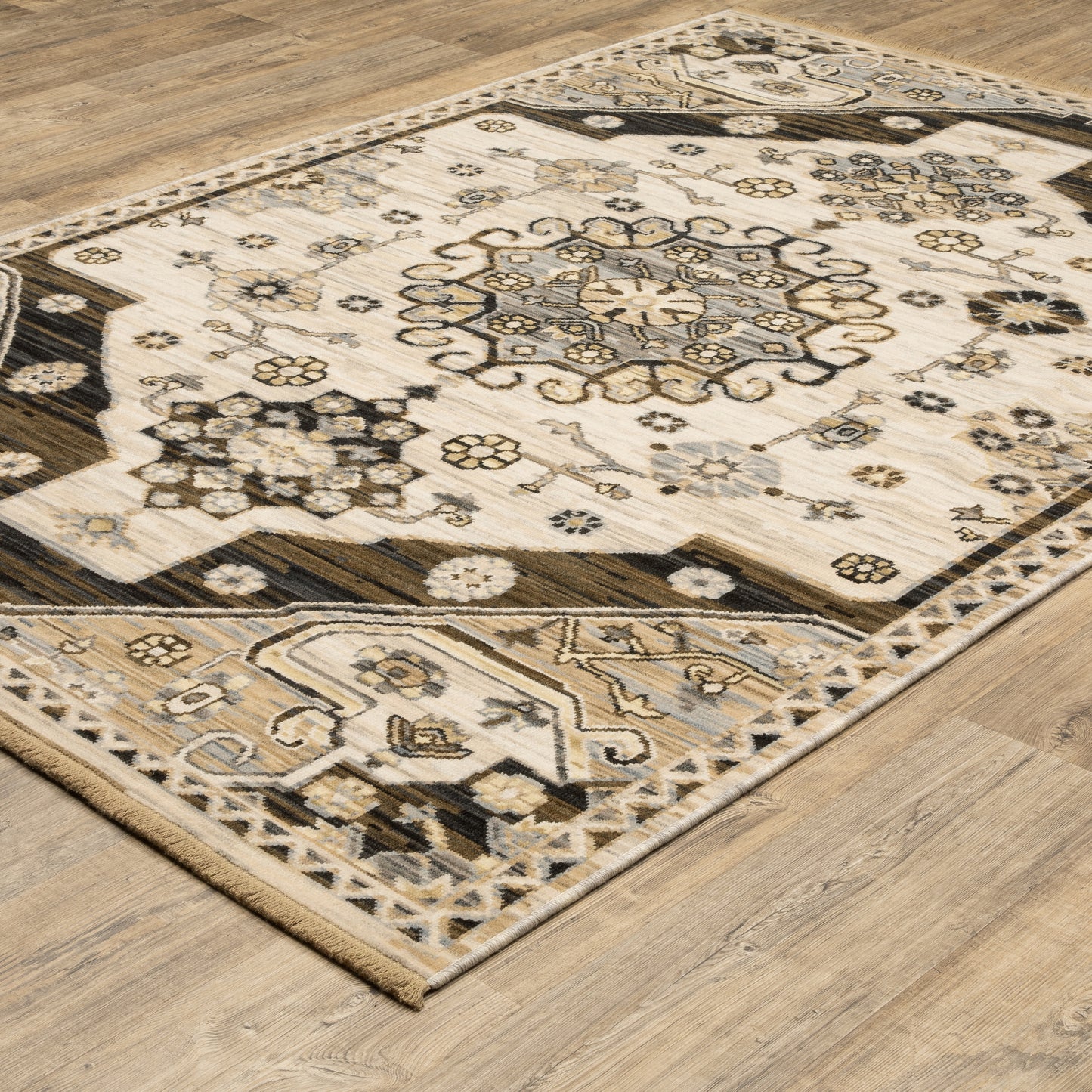 Acacia Medallion Brown/ Grey Floral Cut Pile Rug
