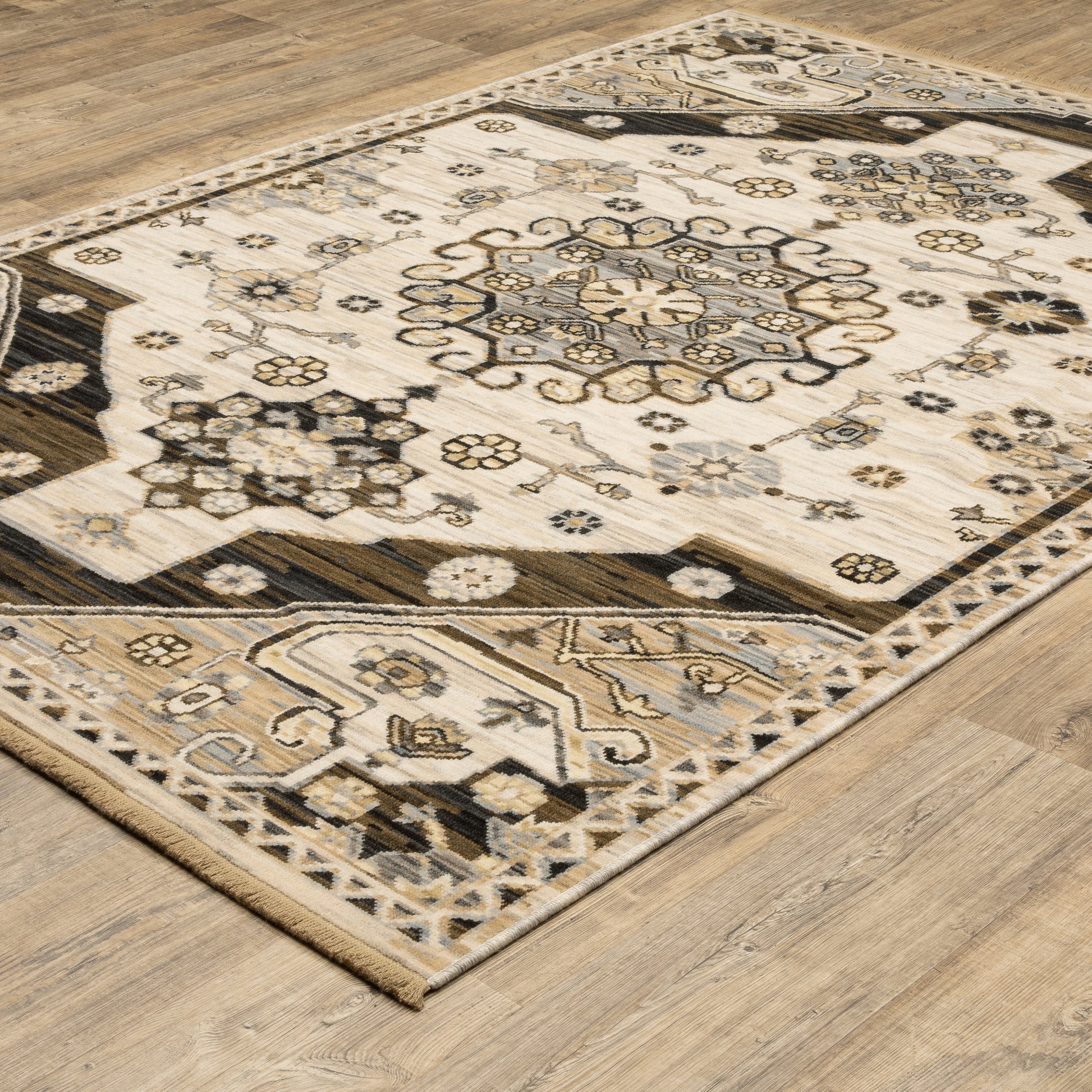Acacia Medallion Brown/ Grey Floral Cut Pile Rug