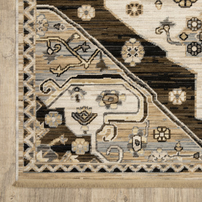 Acacia Medallion Brown/ Grey Floral Cut Pile Rug