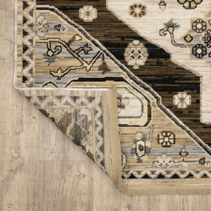 Acacia Medallion Brown/ Grey Floral Cut Pile Rug