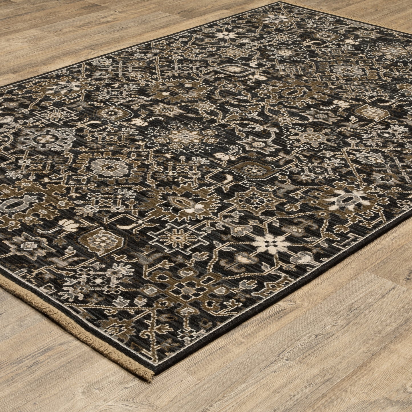 Acacia Floral Black/ Tan Oriental Cut Pile Rug