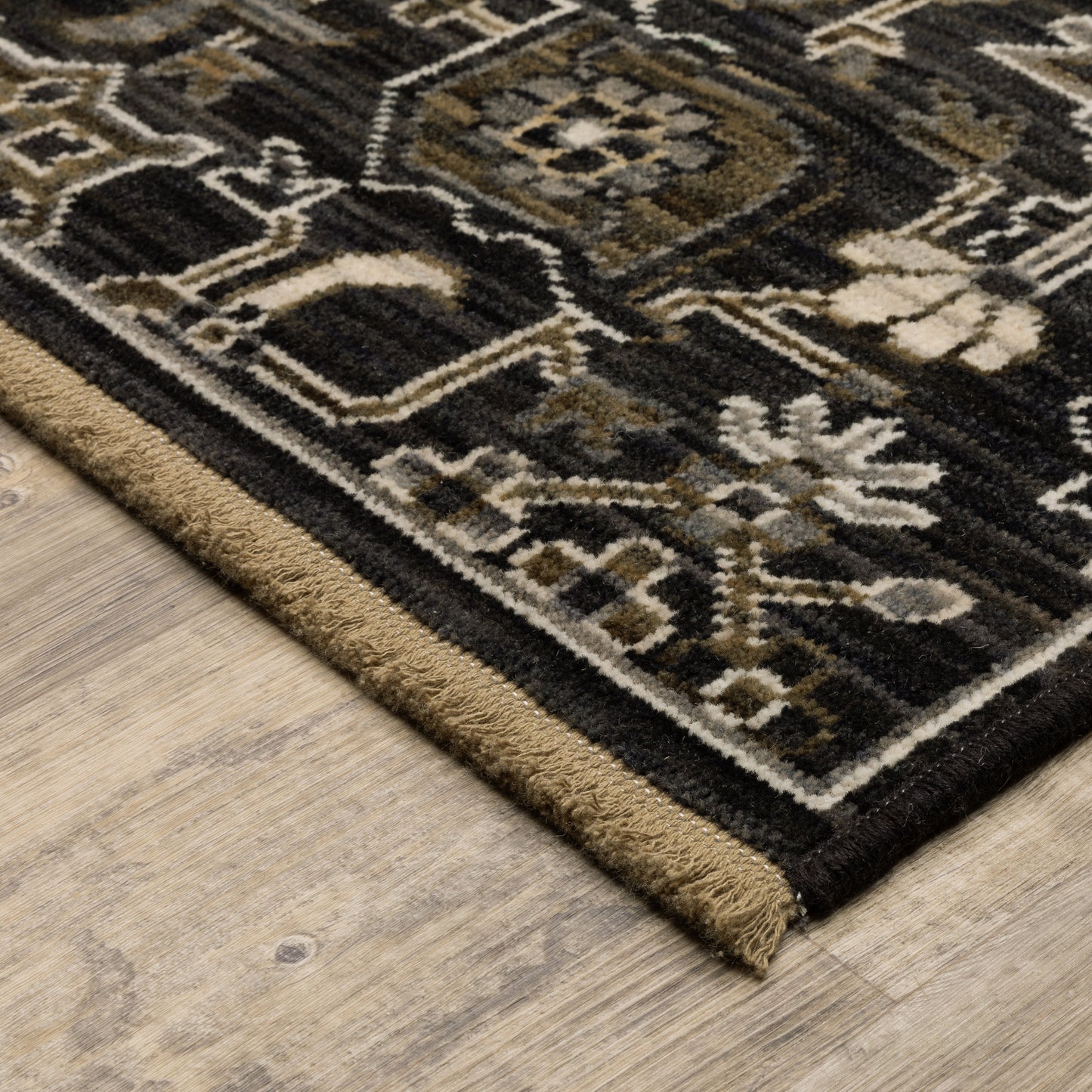 Acacia Floral Black/ Tan Oriental Cut Pile Rug