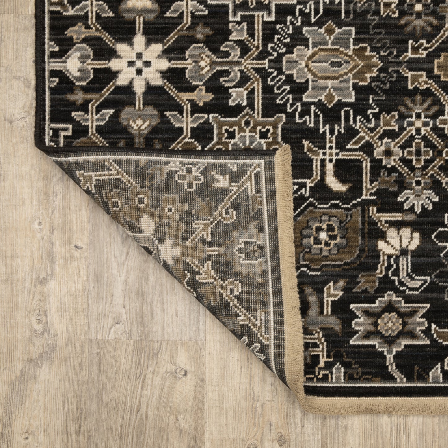 Acacia Floral Black/ Tan Oriental Cut Pile Rug