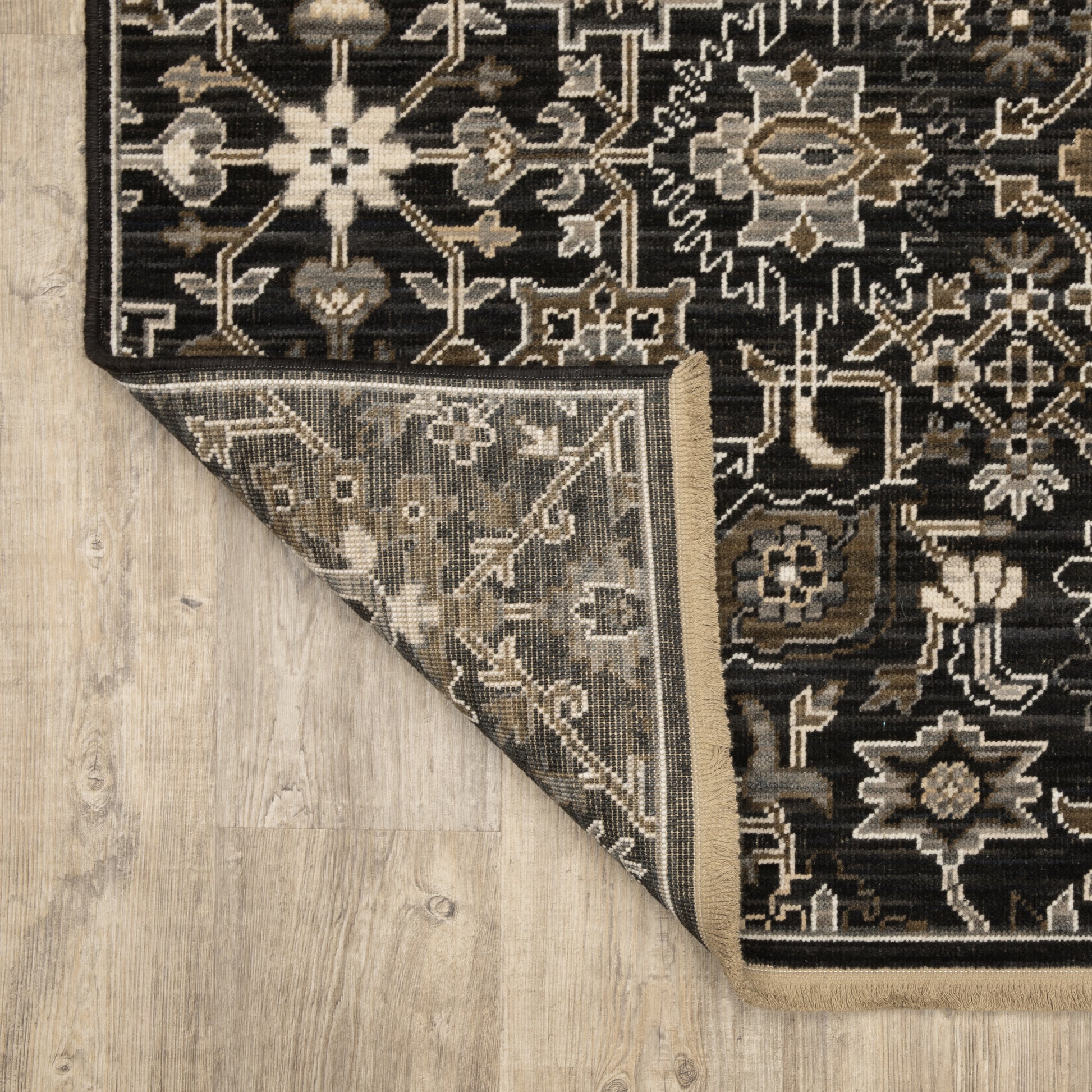 Acacia Floral Black/ Tan Oriental Cut Pile Rug