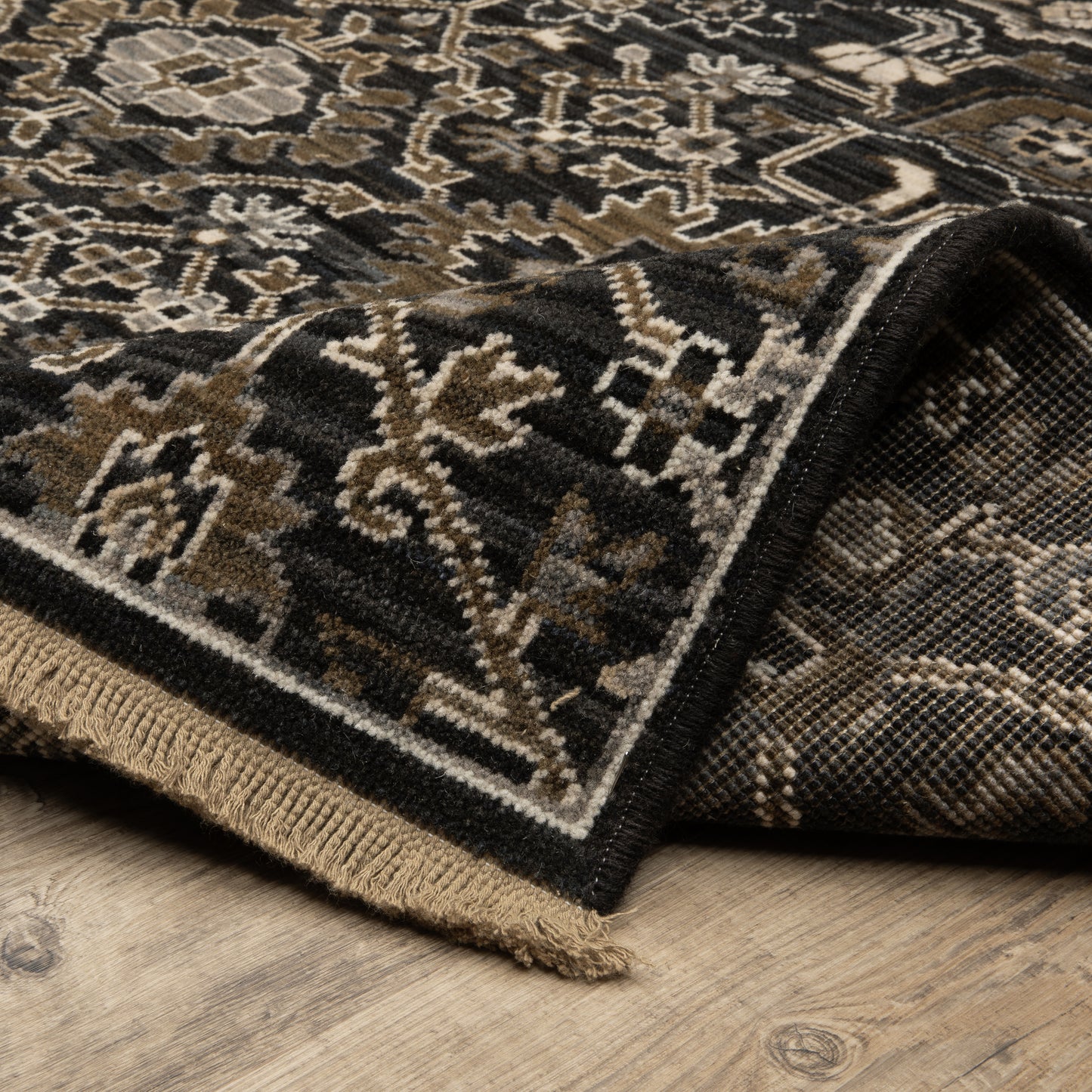 Acacia Floral Black/ Tan Oriental Cut Pile Rug