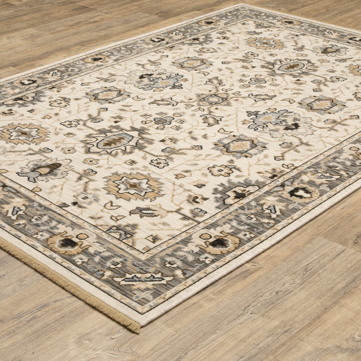 Acacia Floral Beige/ Grey Oriental Cut Pile Rug