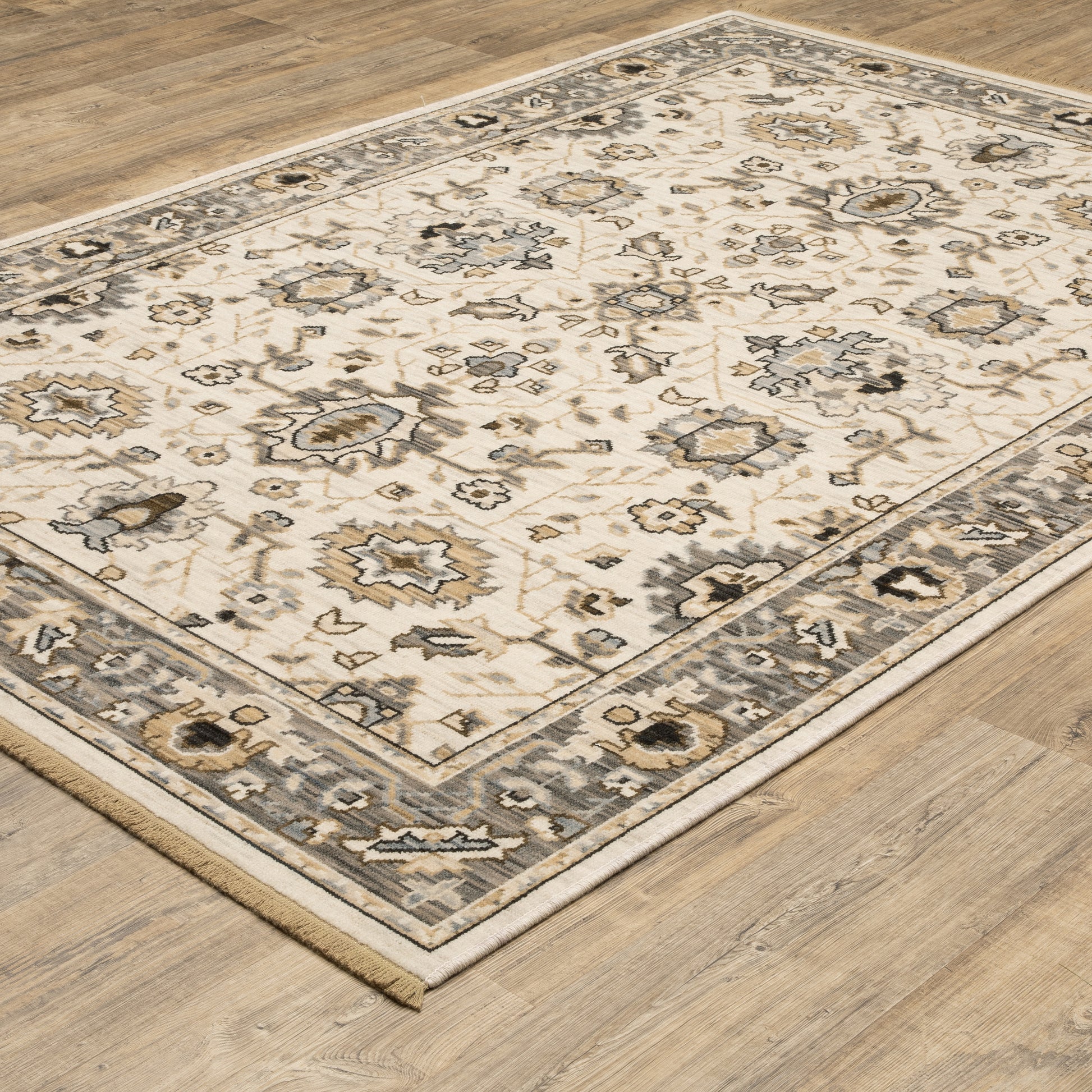 Acacia Floral Beige/ Grey Oriental Cut Pile Rug