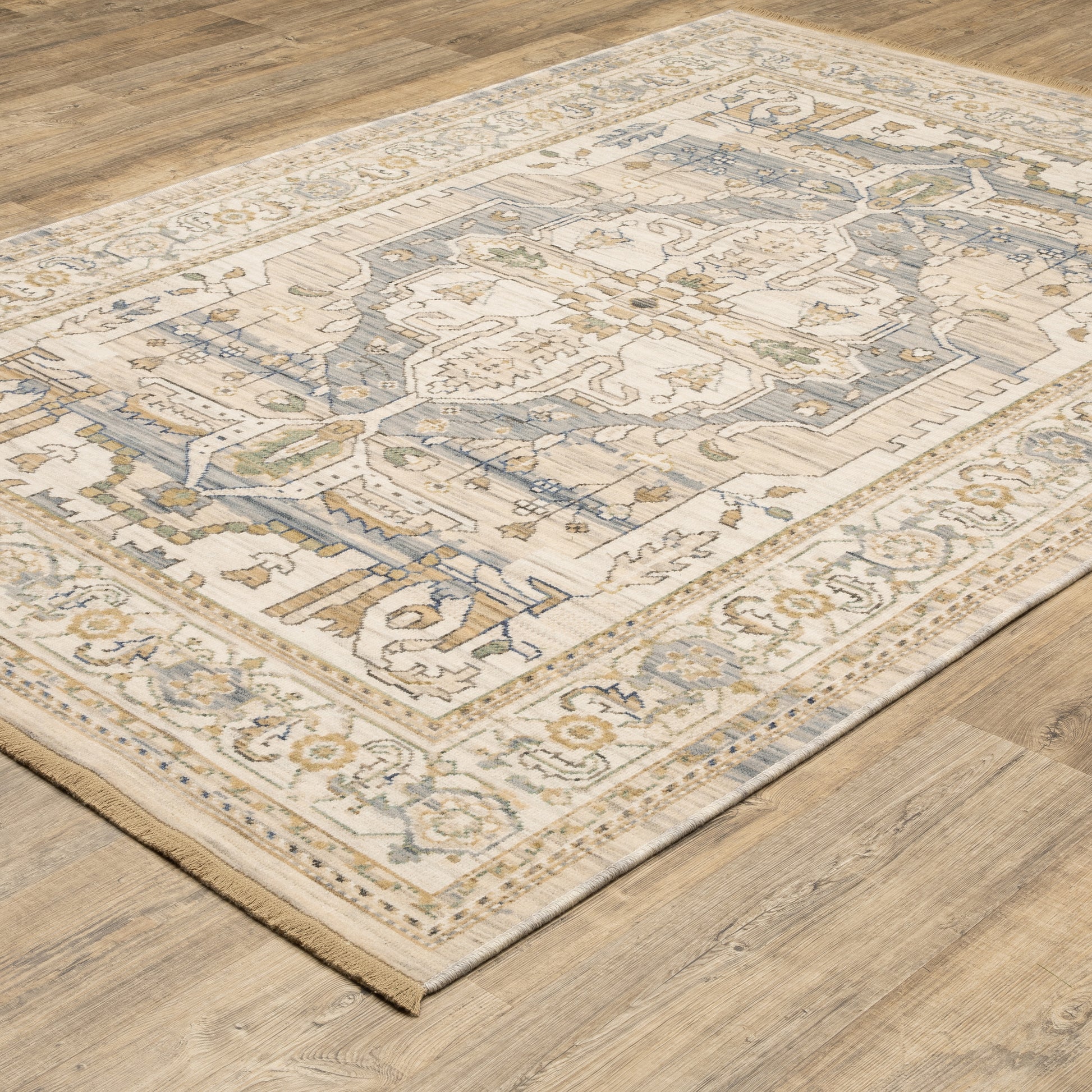 Acacia Medallion Beige/ Grey Oriental Cut Pile Rug
