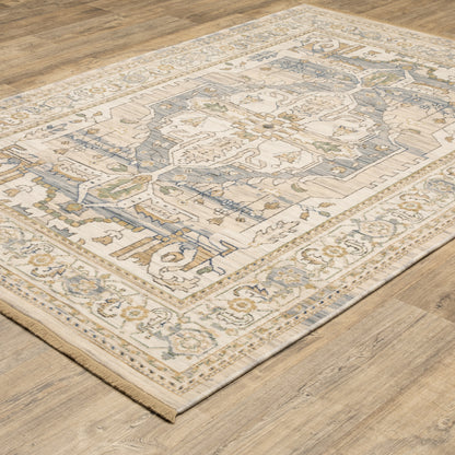 Acacia Medallion Beige/ Grey Oriental Cut Pile Rug