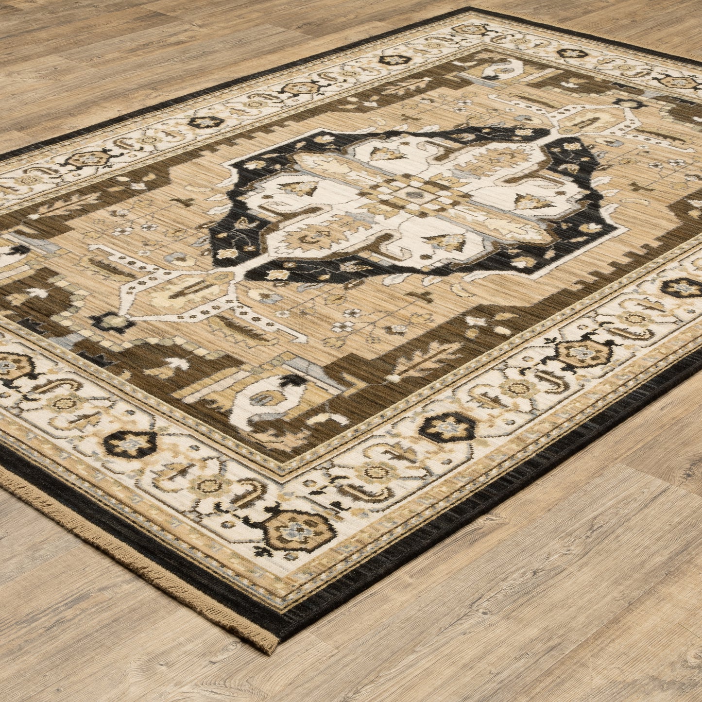 Acacia Medallion Tan/ Black Oriental Cut Pile Rug