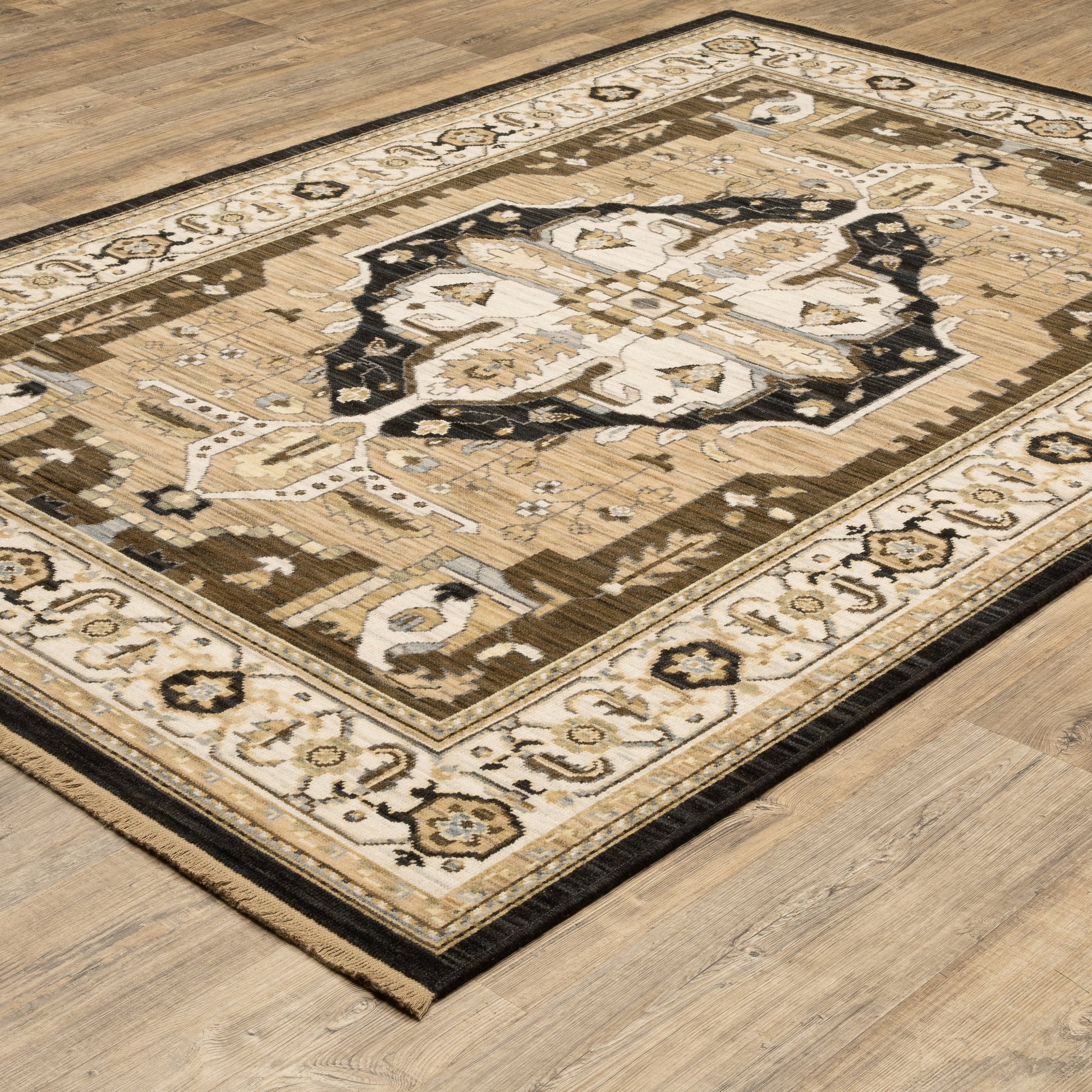 Acacia Medallion Tan/ Black Oriental Cut Pile Rug
