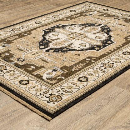 Acacia Medallion Tan/ Black Oriental Cut Pile Rug