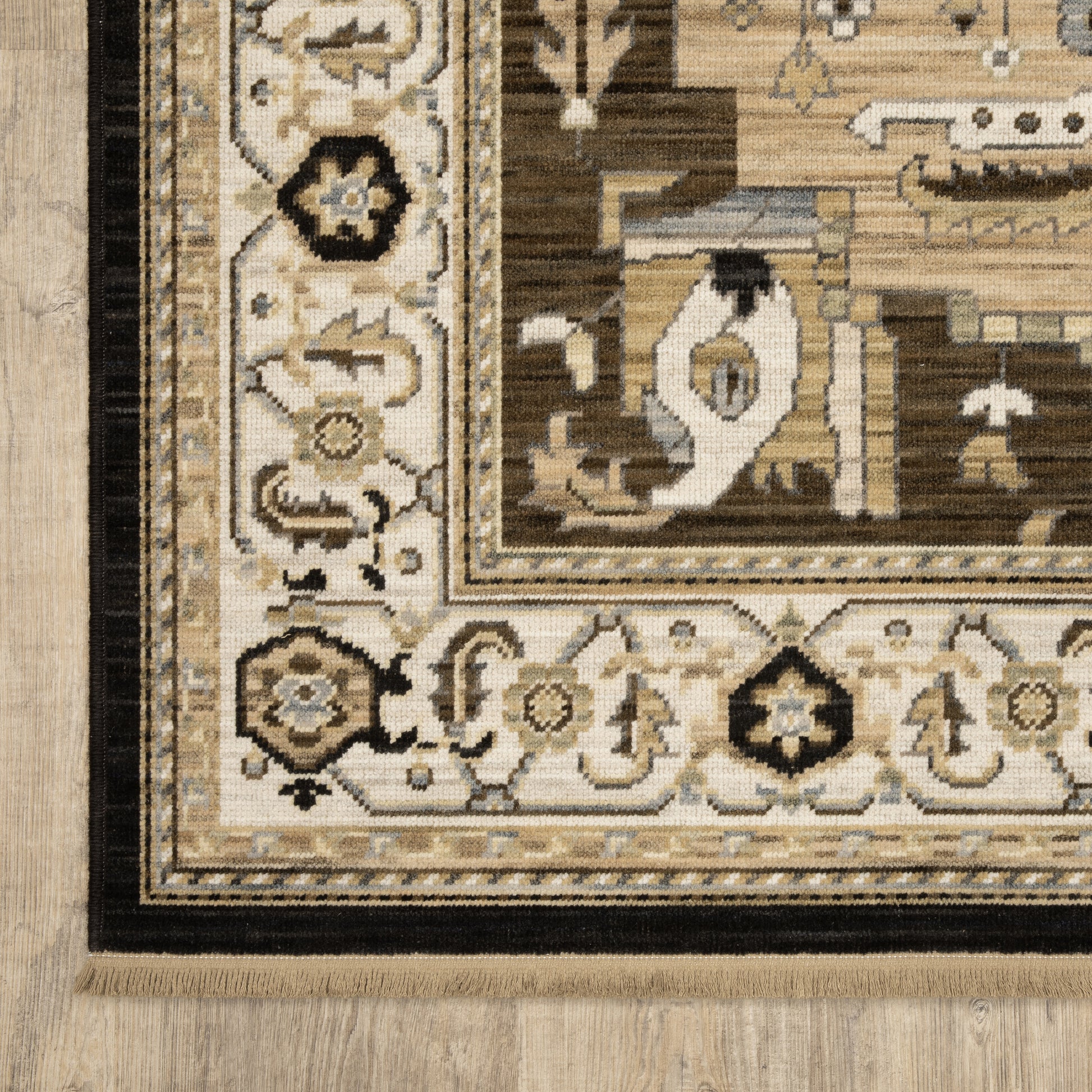 Acacia Medallion Tan/ Black Oriental Cut Pile Rug