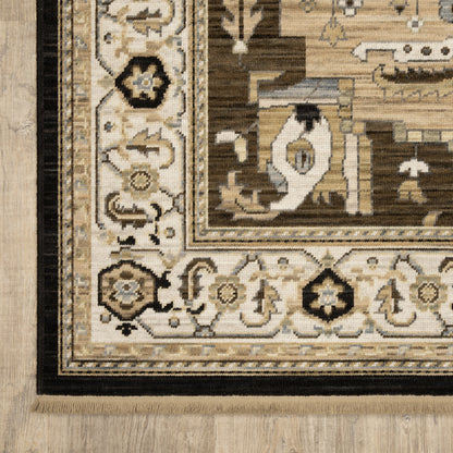 Acacia Medallion Tan/ Black Oriental Cut Pile Rug
