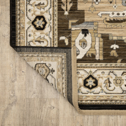Acacia Medallion Tan/ Black Oriental Cut Pile Rug