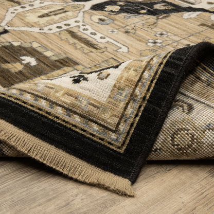 Acacia Medallion Tan/ Black Oriental Cut Pile Rug