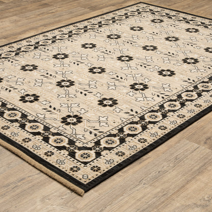 Acacia Oriental Beige/ Black Floral Cut Pile Rug