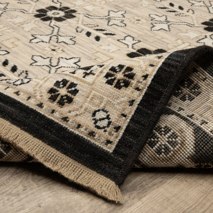 Acacia Oriental Beige/ Black Floral Cut Pile Rug