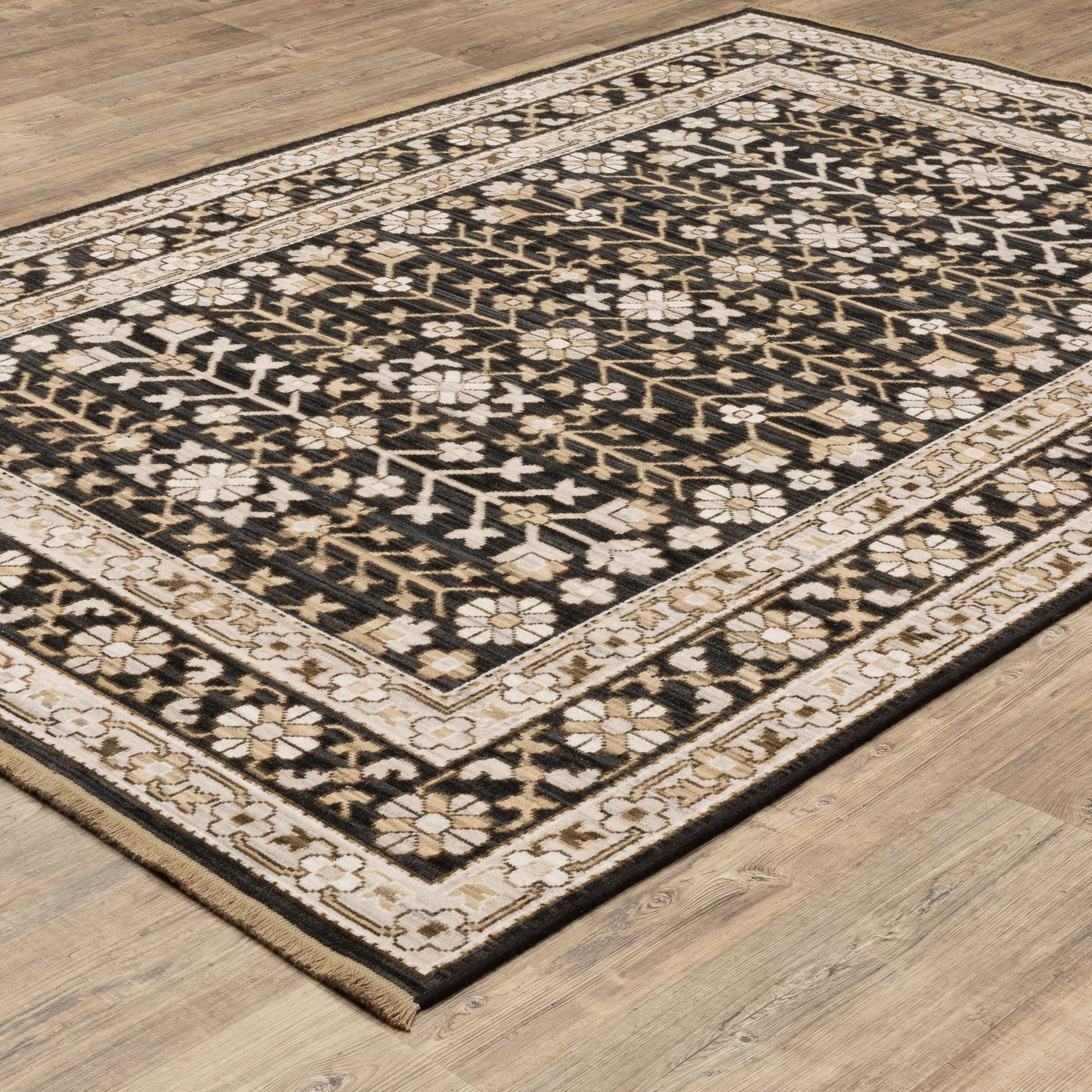 Acacia Oriental Black/ Beige Floral Cut Pile Rug