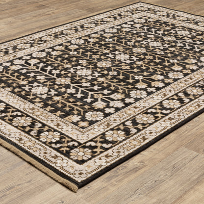 Acacia Oriental Black/ Beige Floral Cut Pile Rug