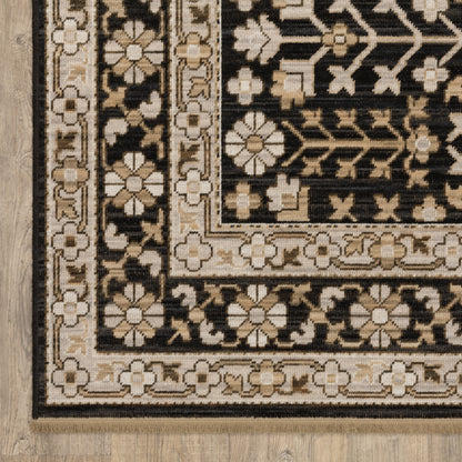 Acacia Oriental Black/ Beige Floral Cut Pile Rug