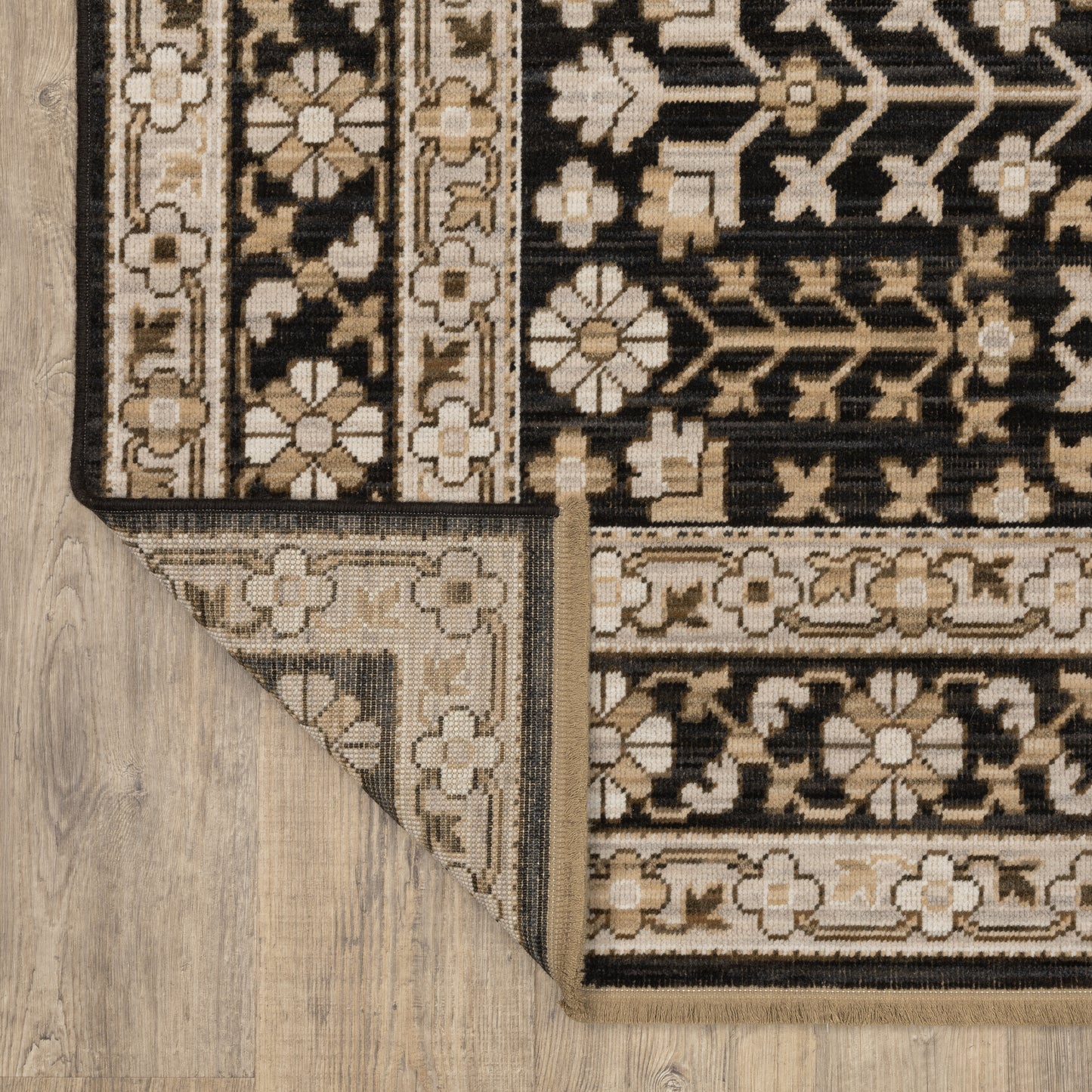 Acacia Oriental Black/ Beige Floral Cut Pile Rug