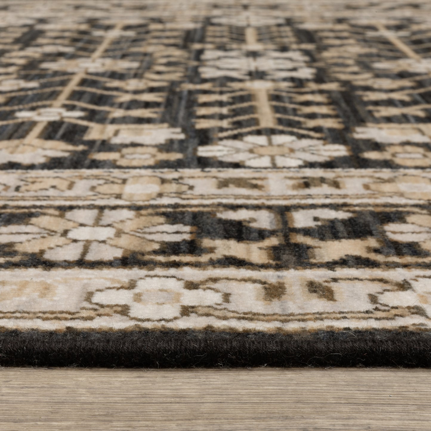 Acacia Oriental Black/ Beige Floral Cut Pile Rug