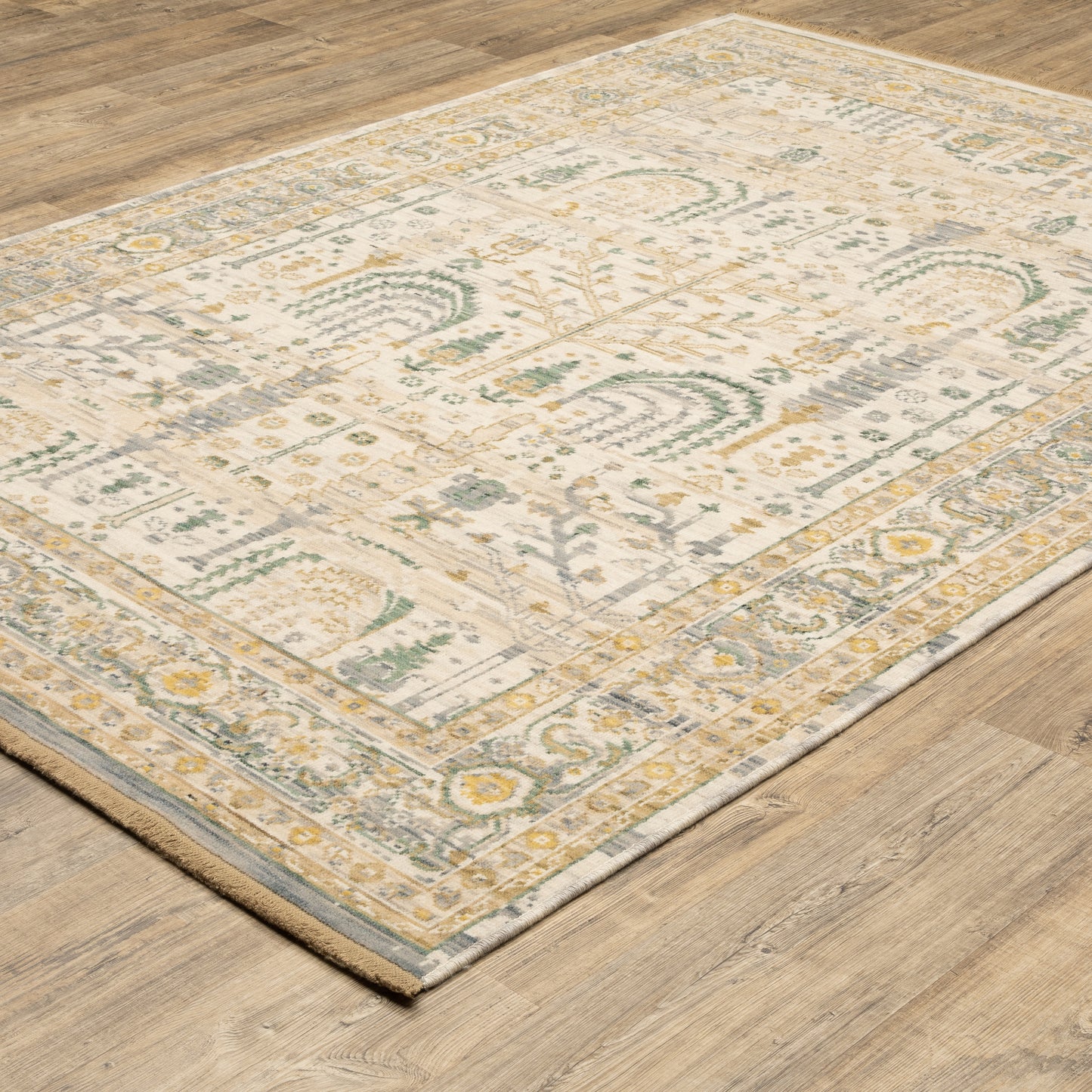 Acacia Floral Beige/ Green Oriental Cut Pile Rug