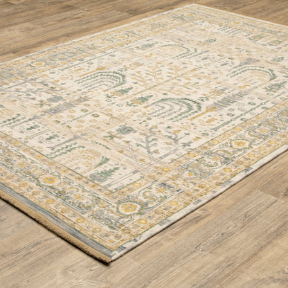 Acacia Floral Beige/ Green Oriental Cut Pile Rug