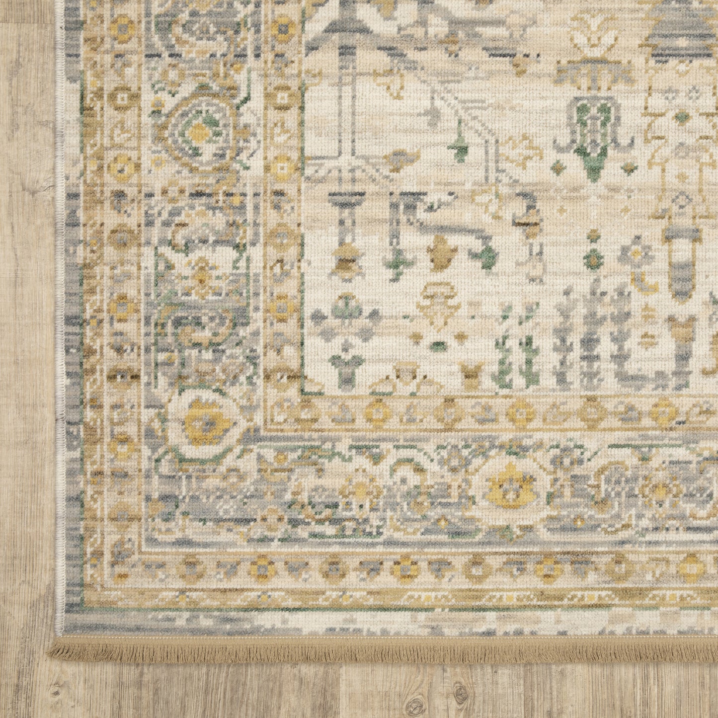 Acacia Floral Beige/ Green Oriental Cut Pile Rug