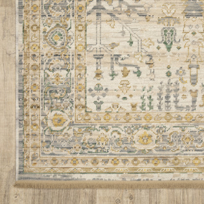 Acacia Floral Beige/ Green Oriental Cut Pile Rug
