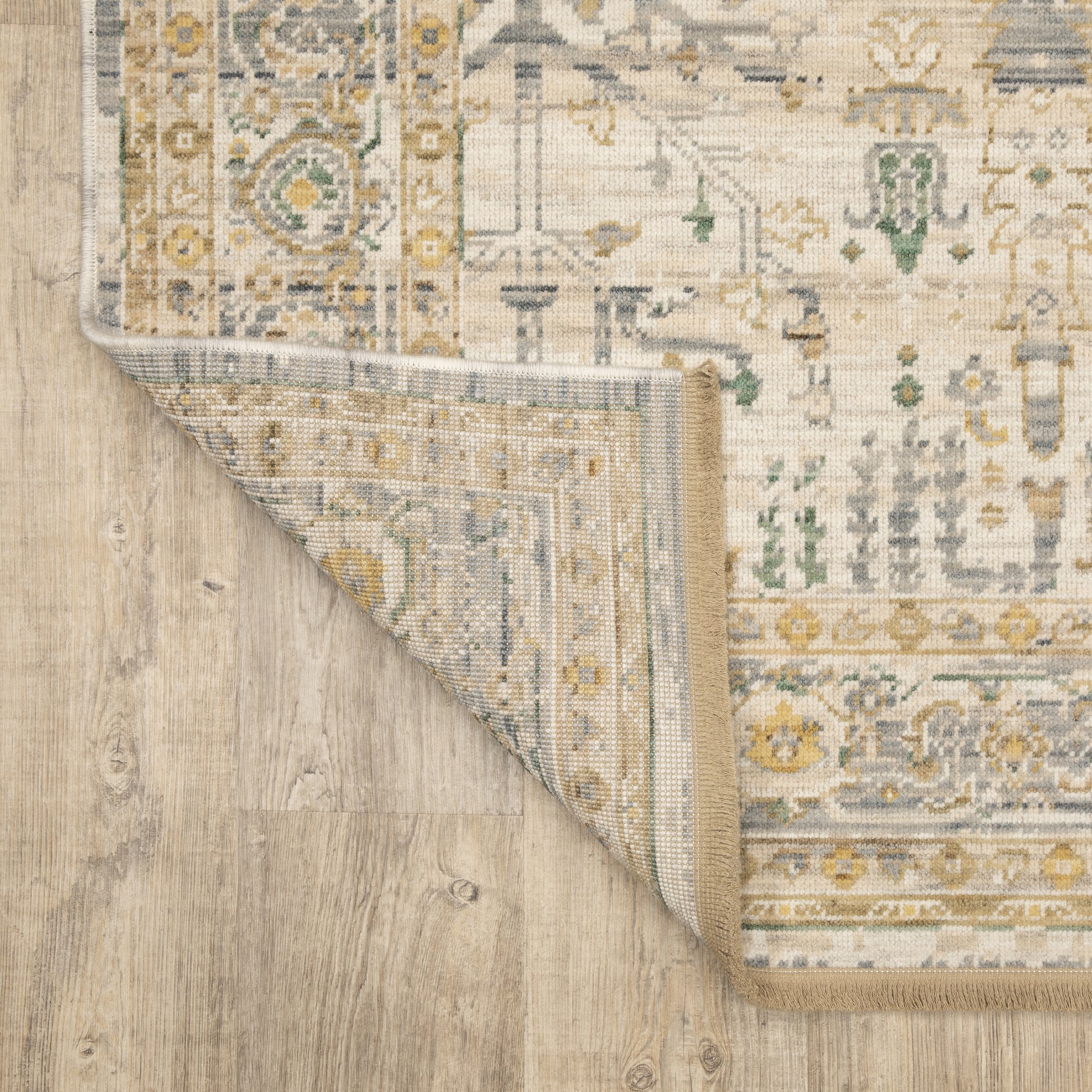 Acacia Floral Beige/ Green Oriental Cut Pile Rug