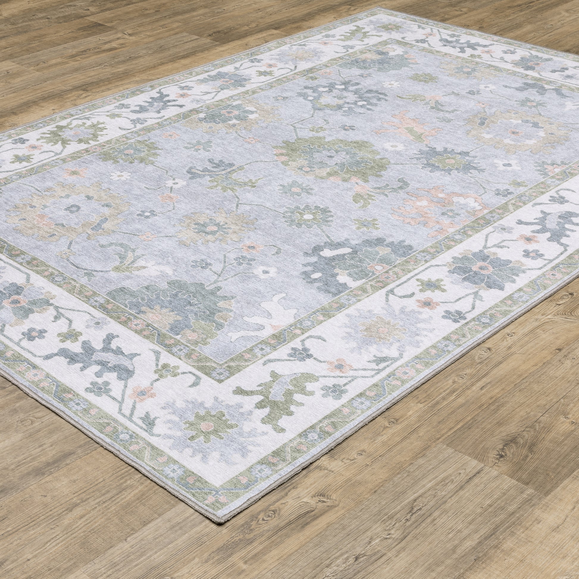 Addison Floral Blue/ Green Distressed Flat Weave Rug