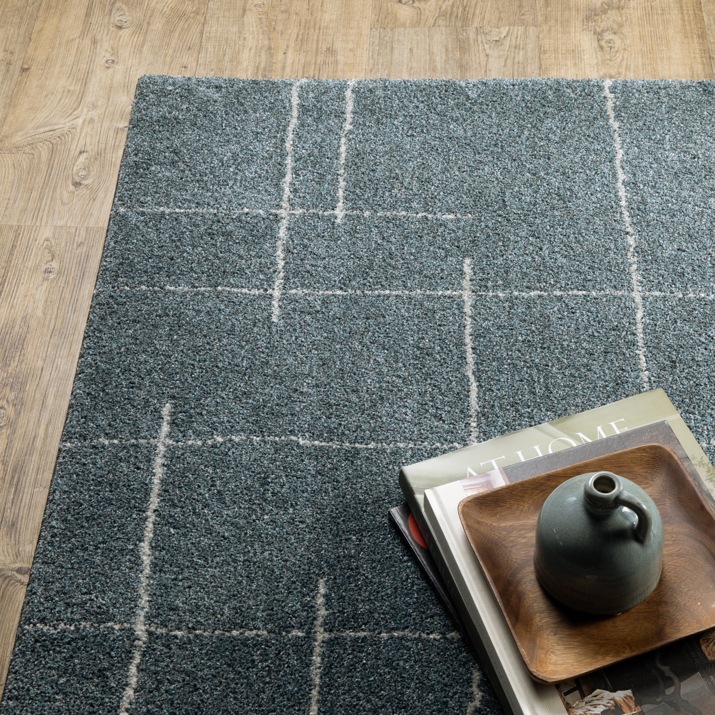Alton Solid Blue/ Beige Geometric Cut Pile Rug