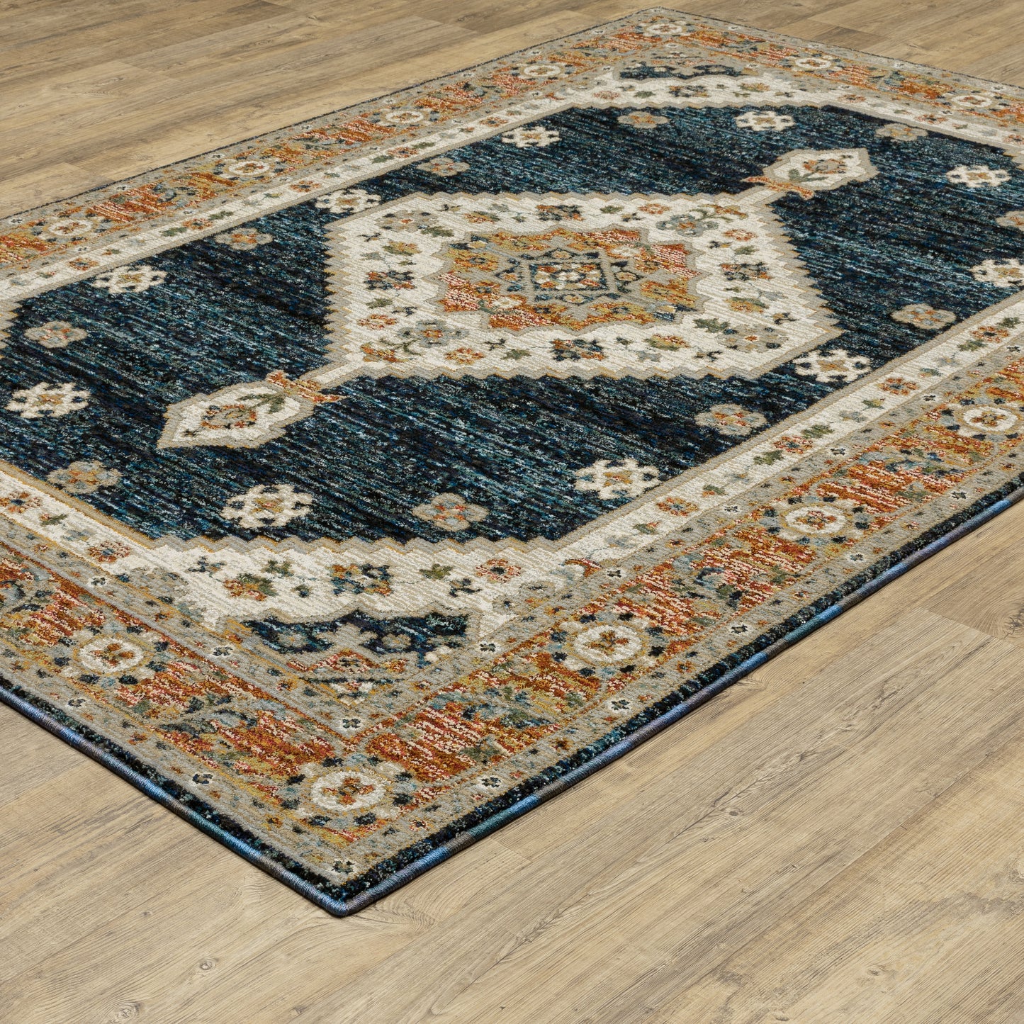 Andorra Medallion Blue/ Orange Distressed Cut Pile Rug