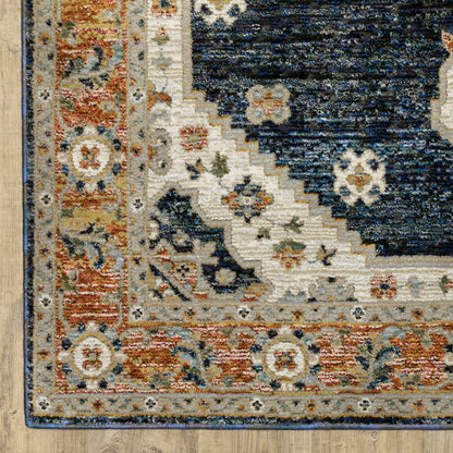 Andorra Medallion Blue/ Orange Distressed Cut Pile Rug