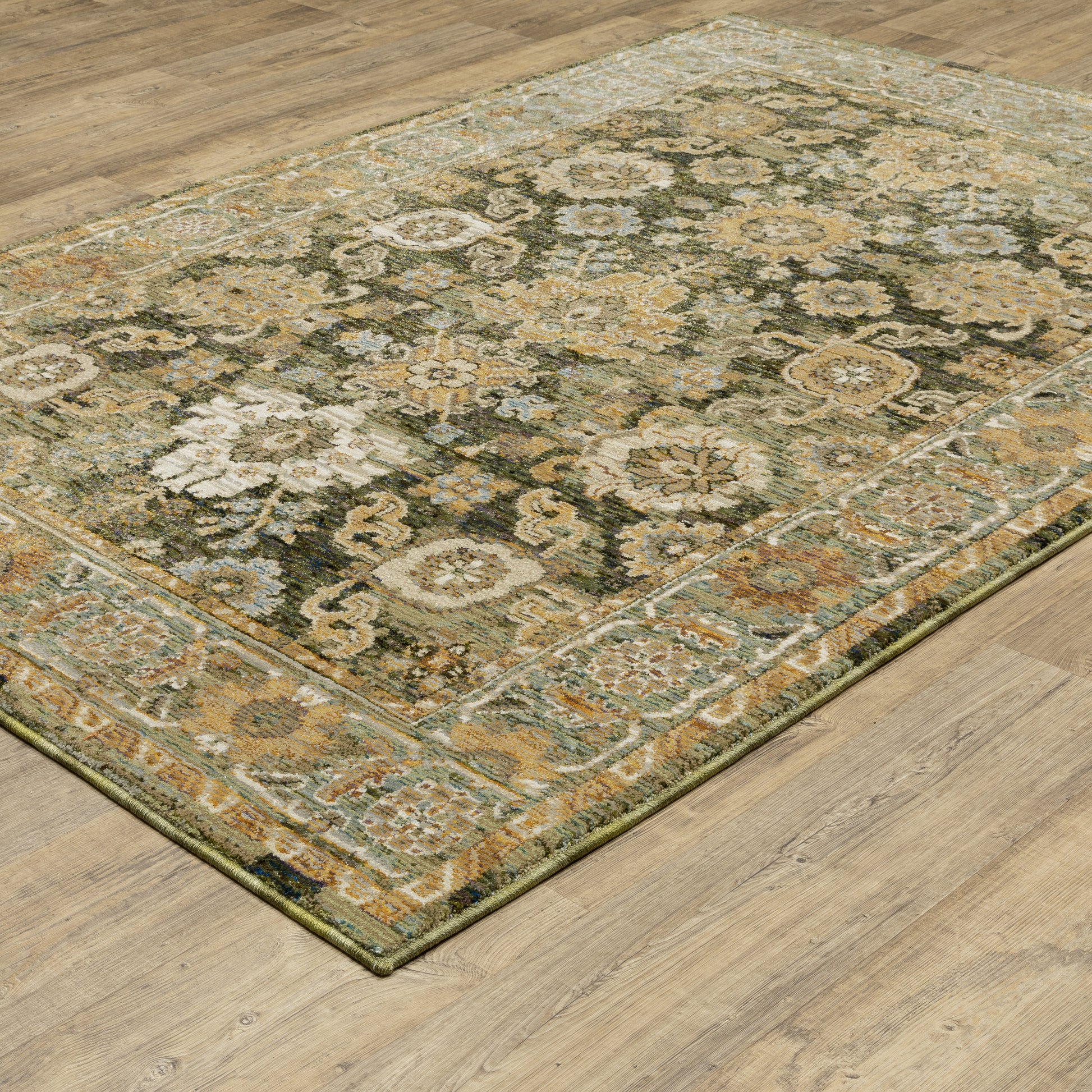 Andorra Distressed Green/ Gold Floral Cut Pile Rug