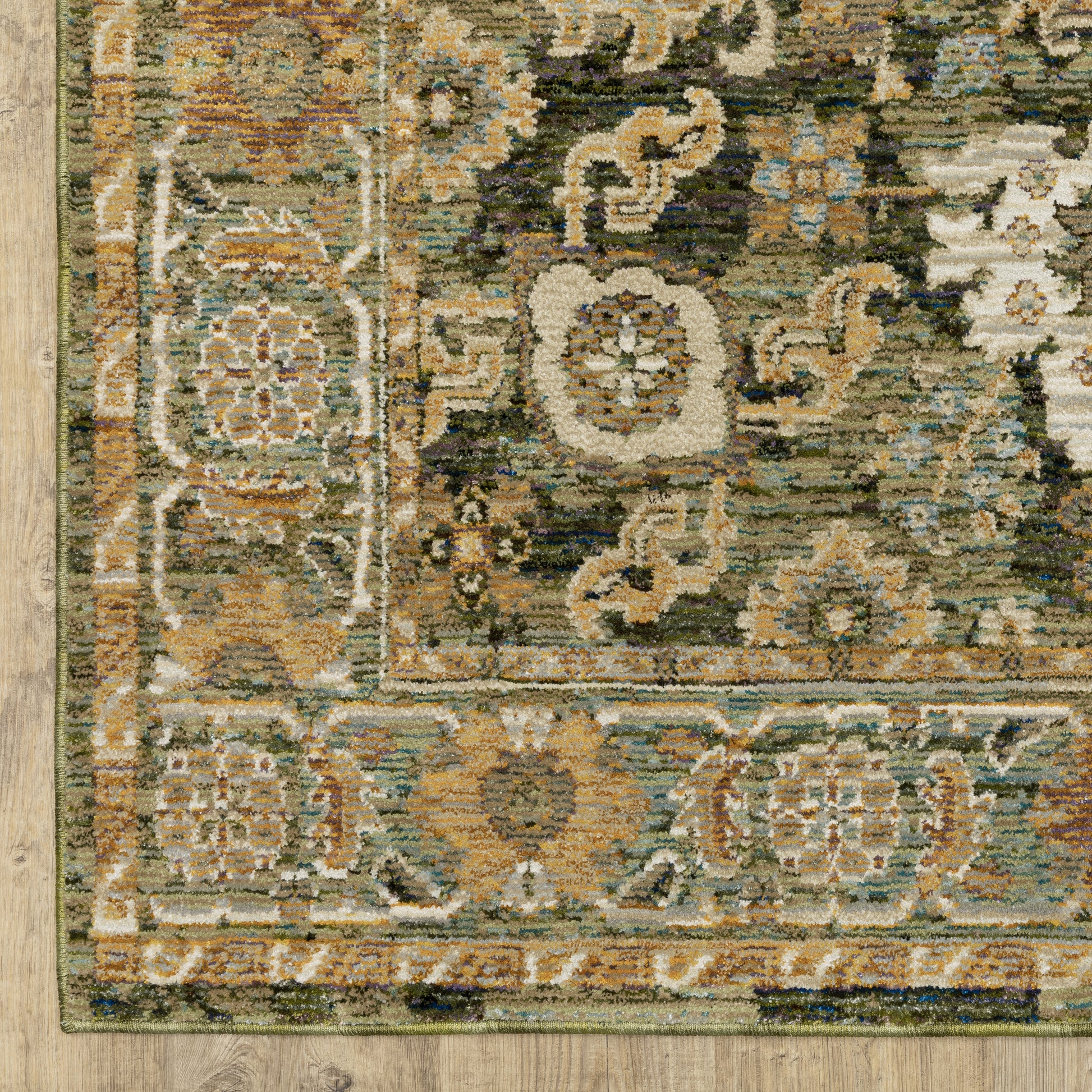 Andorra Distressed Green/ Gold Floral Cut Pile Rug