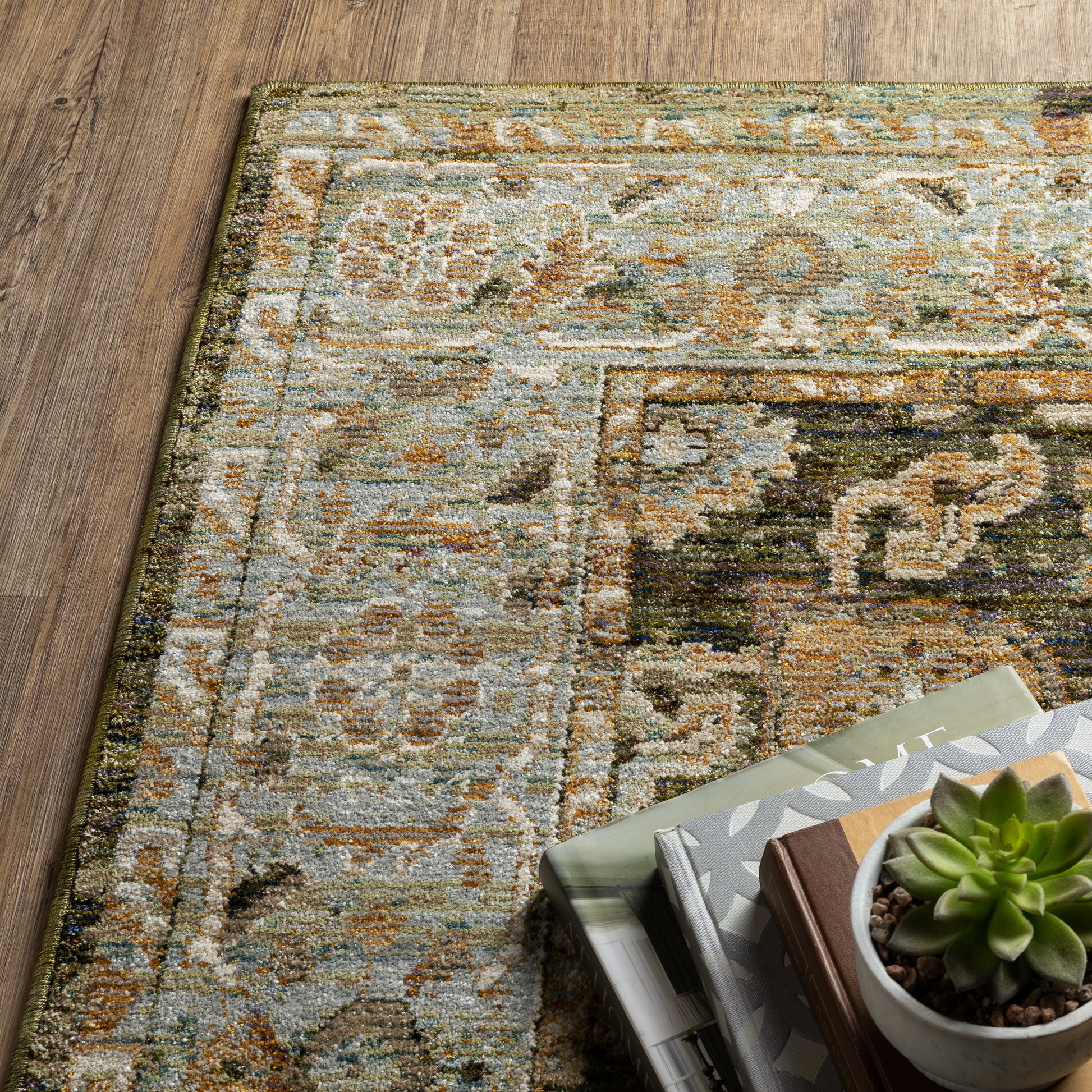 Andorra Distressed Green/ Gold Floral Cut Pile Rug