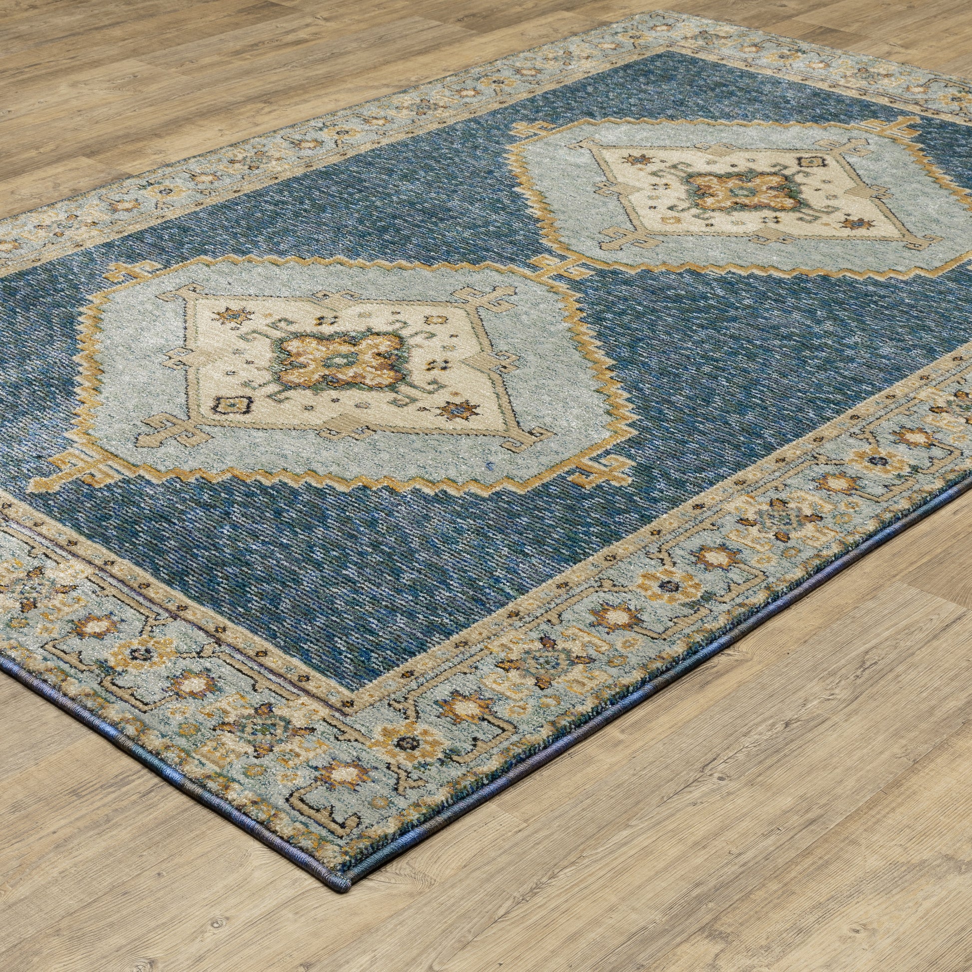 Andorra Medallion Blue/ Gold Oriental Cut Pile Rug