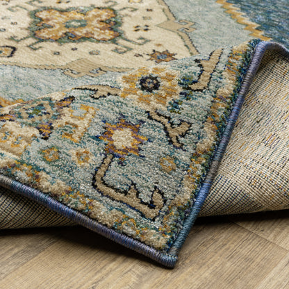Andorra Medallion Blue/ Gold Oriental Cut Pile Rug