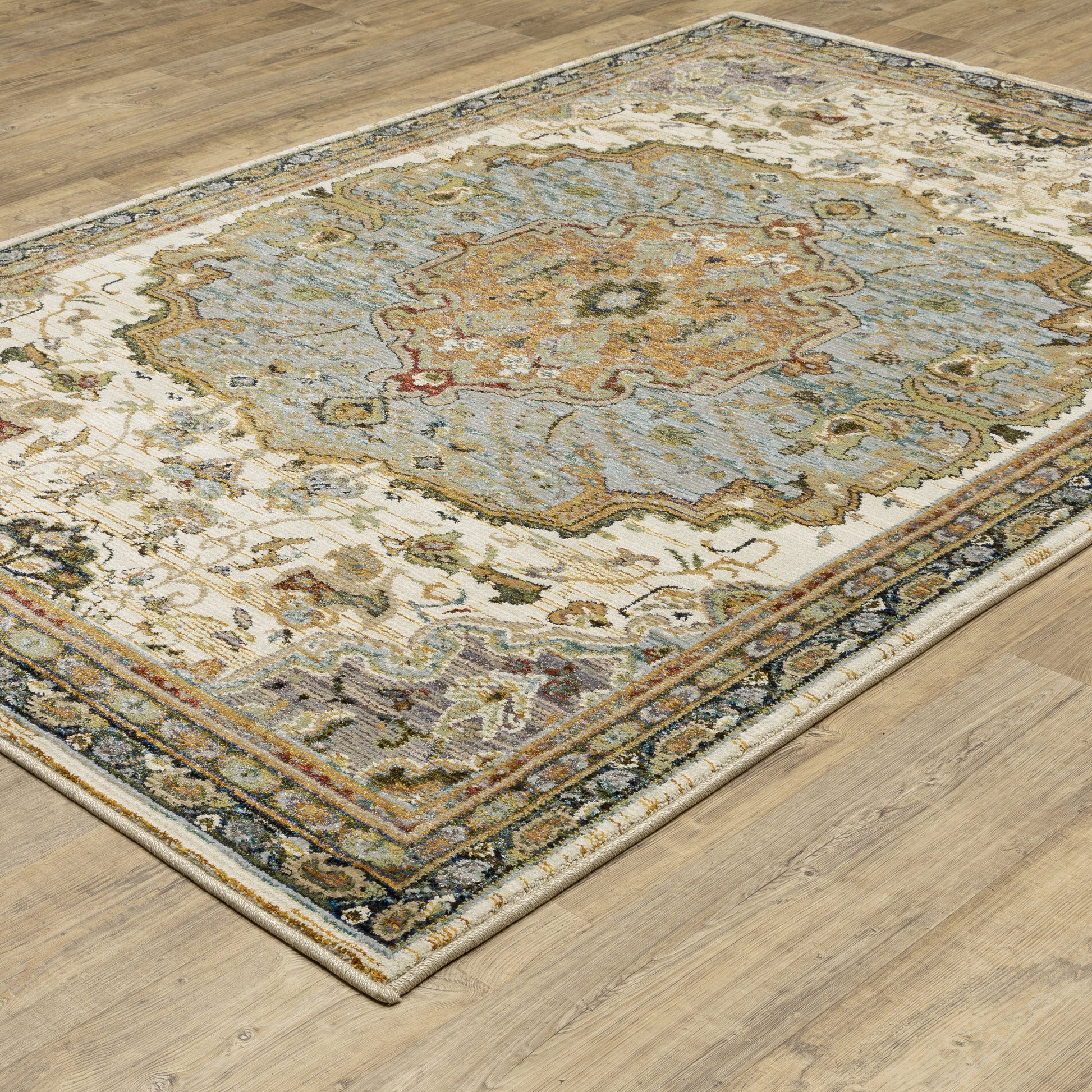 Andorra Medallion Ivory/ Blue Oriental Cut Pile Rug